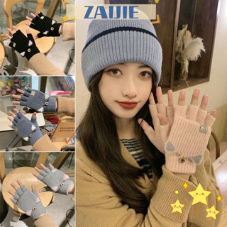 Zaijie24 ถุงมือถัก แบบครึ่งนิ้ว ลายหูแมวน่ารัก ยืดหยุ่น ให้ความอบอุ่น แฟชั่น สําหรับนักเรียน