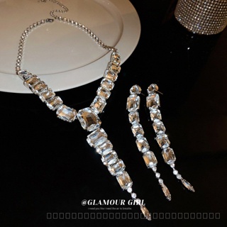 0827YWBY European and American Entry Lux Square Long Fringe Earrings Necklace Set Niche Retro Clavicle Chain Internet Celebrity Exaggerated Jewelry Women WIES