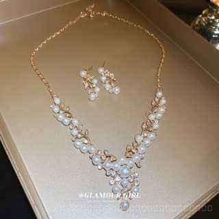 0827YWBY Rhinestone Pearl Necklace Two-Piece Earrings Set European and American Retro Affordable Luxury High-Grade Clavicle Chain New Fashion Ornament Women KYLE