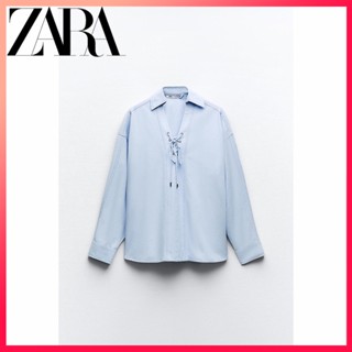 Zara ใหม่ เสื้อเชิ้ตแขนยาว คอปก ผูกเชือก สําหรับผู้หญิง