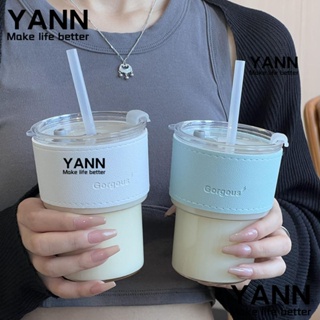 Yann1 ขวดน้ําไม้ไผ่ใส พร้อมฝาปิด 400 มล. พร้อมหลอดดูดแก้วกาแฟ สร้างสรรค์