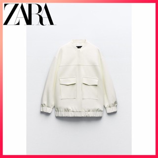 Zara เสื้อแจ็กเก็ตบอมเบอร์ ตัวยาว พร้อมกระเป๋าปะ แฟชั่นฤดูใบไม้ร่วง สําหรับผู้หญิง