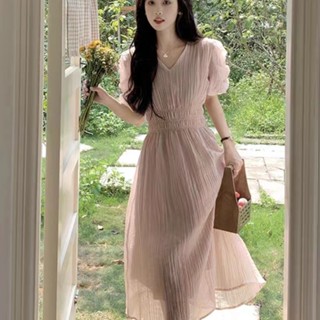 ชุดเดรสคอวี แขนพอง รัดรูป สไตล์ฝรั่งเศส สําหรับผู้หญิง