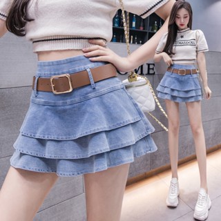 [New in stock] belt belt elastic waist cake skirt denim skirt womens 2023 Summer new denim skirt slimming miniskirt quality assurance CQOU