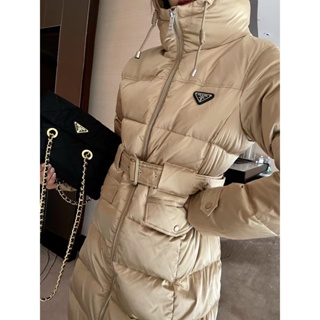 UMMI PRA * A 23 autumn and winter New letter embroidered logo belt hooded long Pure down 90 duck down zipper coat for women