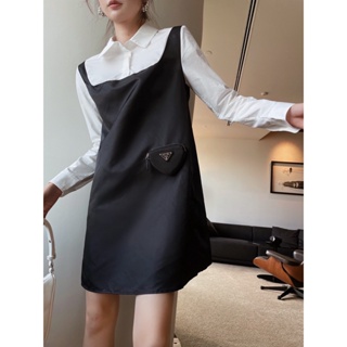 XOY5 PRA * A 23 autumn and winter new three-dimensional triangle bag stitching fake two-piece dress womens shirt stitching fashion slimming women