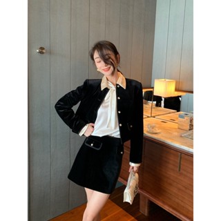 M6VC MIU MIU 23 autumn and winter New Diamond gold button lapel long sleeve Swan velvet coat overskirt suit fashion temperament