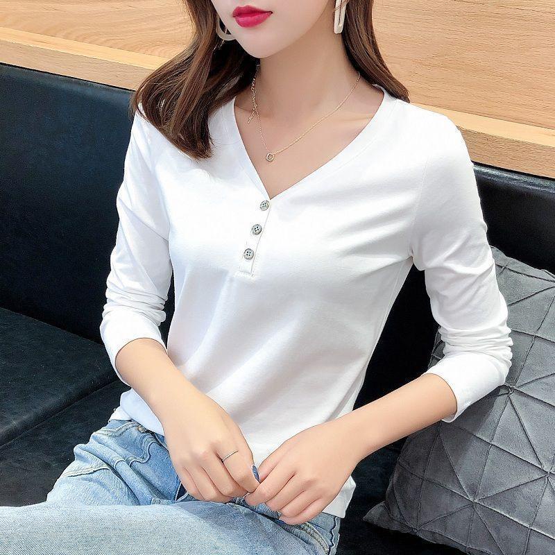 เสื้อยืดแขนยาว คอวี แบบบาง สีขาว สีดํา แฟชั่นฤดูใบไม้ผลิ และฤดูร้อน สไตล์เกาหลี สําหรับผู้หญิง 2023