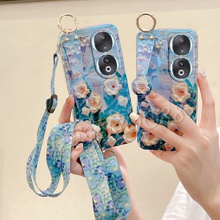 ใหม่ เคสโทรศัพท์มือถือ TPU นิ่ม ลายดอกไม้สีม่วง พร้อมสายคล้องคอ และสายคล้องข้อมือ สําหรับ Honor 90 Lite Pro 5G Honor90 90Lite Honor90Lite 2023