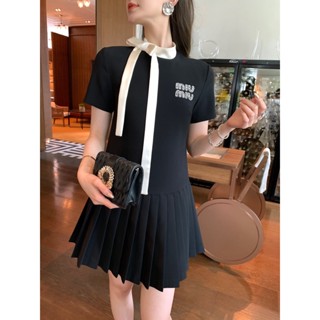 Z1OY MIU MIU 23 autumn and winter New neckline ribbon bow nail diamond logo decorative dress for women gentle and elegant fashion