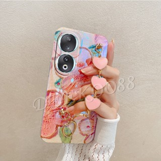 เคสโทรศัพท์มือถือ TPU นิ่ม ปิดด้านหลัง ลายภาพวาดสีน้ํามัน รูปดอกไม้ หัวใจ พร้อมสายคล้องมือ สําหรับ Honor 90 Lite Pro 5G Honor90 90Lite Honor90Lite 2023