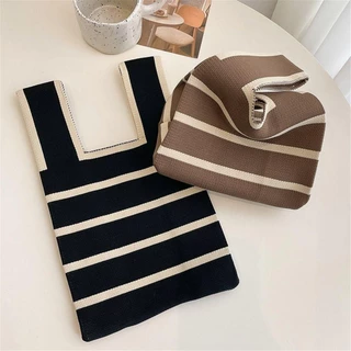 【พร้อมส่ง-ราคารดี】miss bag fashion กระเป๋าถือลําลอง ผ้าถัก ลายสก๊อต แฮนด์เมด รุ่น D-1502