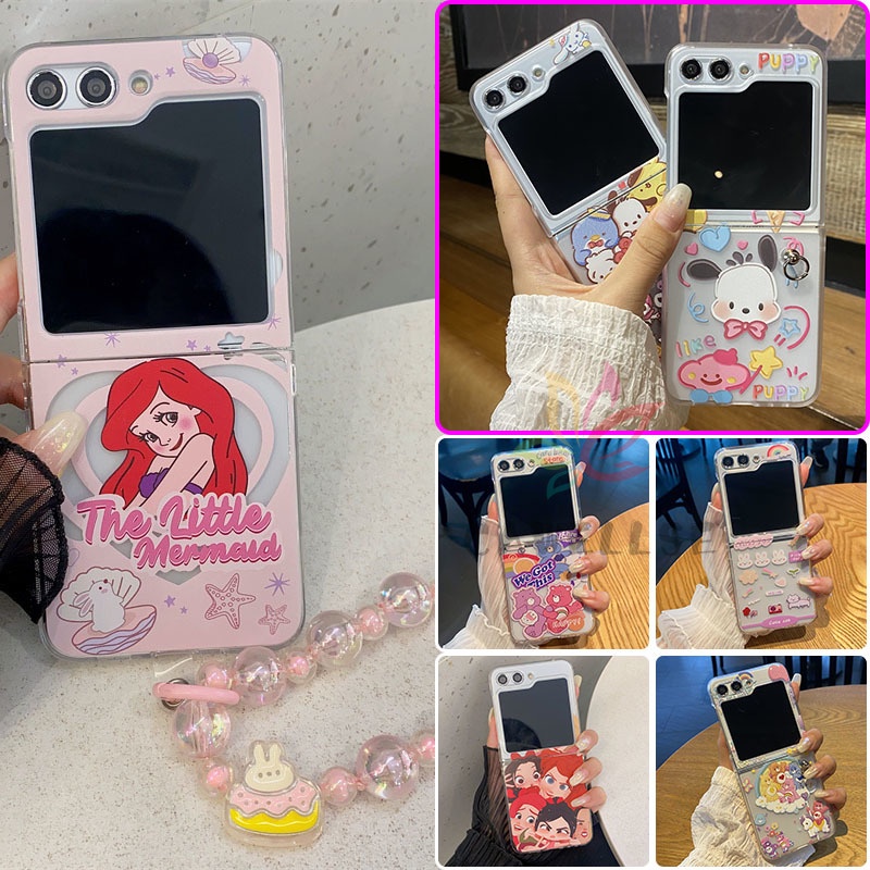 SAMSUNG การ์ตูนหมีพิมพ์ปลอกพีซีแข็งใสพร้อมสายรัดข้อมือเชือกเส้นเล็กซัมซุง กาแลคซี Z พลิก5 Z พลิก6พลิก4กรณีกับสร้อยข้อมือกันกระแทกปกหลังซัมซุง Z พลิก5 4 3