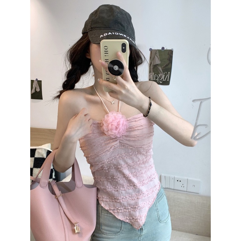 JJ Shop​💜​พร้อมส่ง เสื้อเกาะอกผูกคล้อง ผ่าไหมพรม  แถมเข็มกัดดอกไม้มี 3สี  