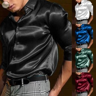 GORGEOUS~Mens Tops Disco Club Dress Shirt Party Regular Satin Silk Shiny Solid Color