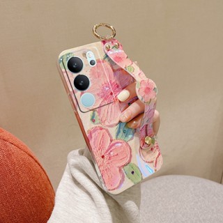 พร้อมส่ง เคสโทรศัพท์มือถือ TPU นิ่ม ปิดด้านหลัง ลายดอกไม้ สีม่วง สีชมพู พร้อมสายคล้องข้อมือ สําหรับ VIVO V29 Y78 Y36 Y27 Y02A Y02T V27 V27e X90 Pro 5G 2023