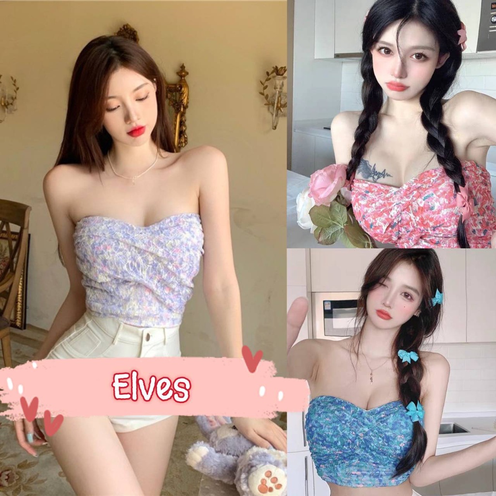 Elves พร้อมส่ง เสื้อเกาะอก สีสันสดใสไหมพรม สม๊อคหลัง ลายดอกไม้3สี ~0985-1~ -C