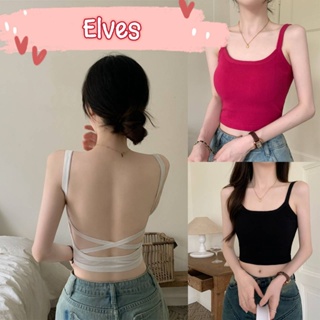 Elves✨พร้อมส่ง✨  เสื้อสายเดี่ยวไหมพรม มีฟองน้ำ ดีเทลเว้าด้านหลังสายคาด เซ็กซี่มี4สี ~FY5741~