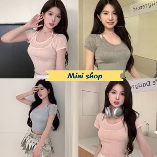 Mini shop🌸พร้อมส่ง🌸 (54158) เสื้อไหมพรม สีพื้นแขนสั้น ดีเทลเพิ่มสายคล้องคอผ้าใส่สบาย -C