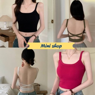 Mini shop🌸พร้อมส่ง🌸 (FY5741) เสื้อสายเดี่ยวเปิดหลัง ไหมพรม มีฟองน้ำสีพื้น