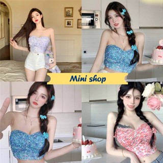 Mini shop🌸พร้อมส่ง🌸 (0985-1) เสื้อเกาะอกไหมพรม ลายดอกไม้ สีสันสดใสสม๊อคด้านหลัง  -C