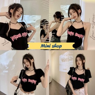 Mini shop🌸พร้อมส่ง🌸 (D074) เสื้อคล้องคอ สายเดี่ยวไหมพรม ครอปสั้นพิมพ์ลายตัวอักษร -C