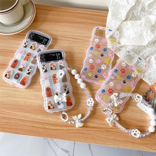 เคสโทรศัพท์มือถือ TPU แบบใส ลายอุ้งเท้าแมว มีสายคล้อง สําหรับ Samsung Galaxy Z Flip 5 4 3 5G