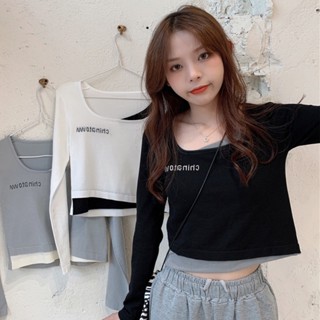 เสื้อยืดแขนยาว เข้ารูป ตัวสั้น สองชิ้น แฟชั่นฤดูใบไม้ร่วง สไตล์เกาหลี สําหรับผู้หญิง