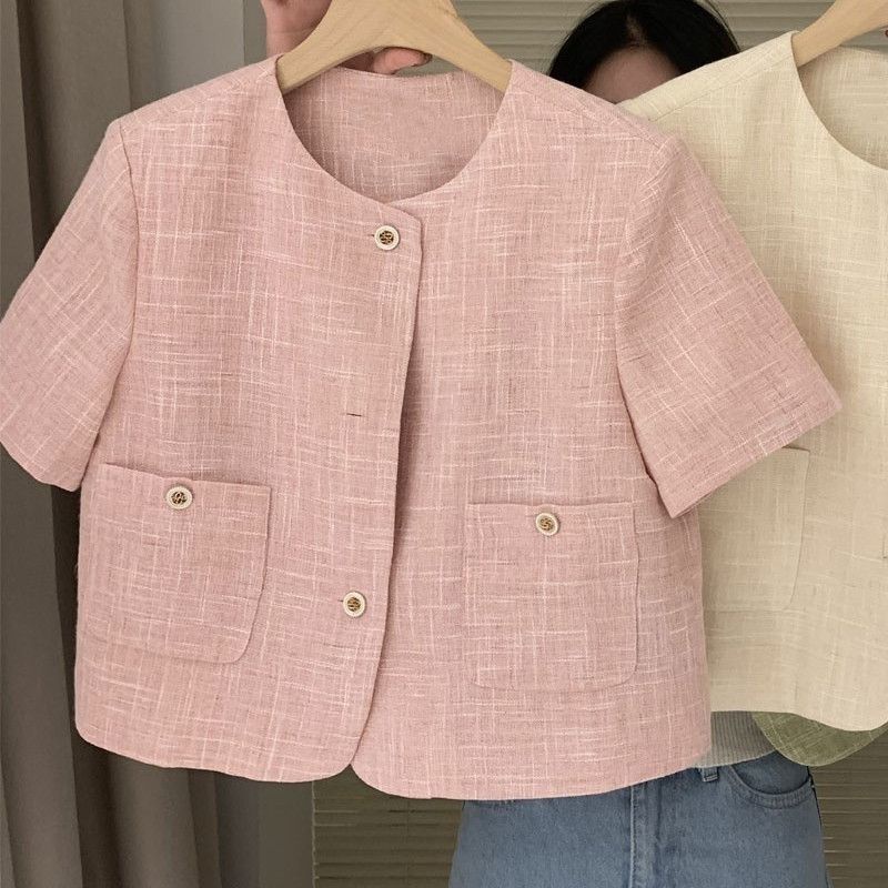 New เสื้อเบลเซอร์แขนสั้น ผ้าทวีด คอกลม เสื้อครอป สไตล์เกาหลี, มี 2 สี