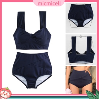 Mic_ Bandeau ชุดว่ายน้ําบิกินี่ เสริมฟองน้ํา เซ็กซี่ สองชิ้น สีพื้น เอวสูง สําหรับผู้หญิง วันหยุด