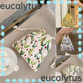 Eucalytus1 กระเป๋าหูรูด ผ้าแคนวาส ลายดอกทิวลิป แบบพกพา แฟชั่นสําหรับผู้หญิง