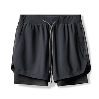 Mens Summer Workout Anti-Exposure Multi-Pocket Quick-Drying Breathable Double Layer Running Exercise Shorts Thin Five Points Basketball Shorts ts8U