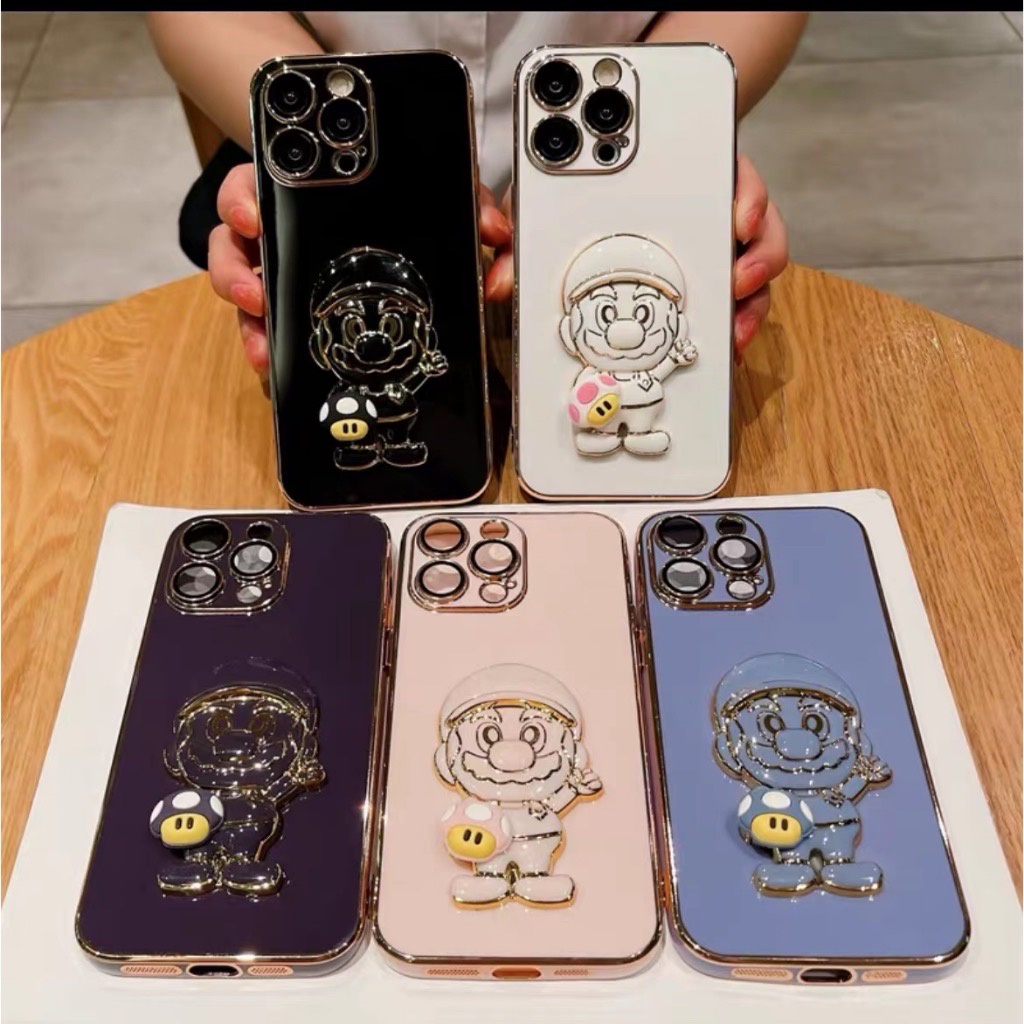 (พร้อมส่งจากไทย) เคสขอบทอง+ขาตั้งกระจกมาริโอ้ Redmi 14C 9A 12C 10(4g) 10(5g) Note12(4g) Note12(5g) A