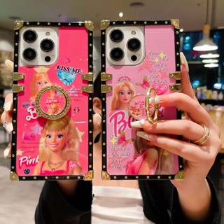 เคสโทรศัพท์มือถือ ทรงสี่เหลี่ยม ลายบาร์บี้ สีชมพู พร้อมขาตั้ง หรูหรา สําหรับ Vivo Y27 Y78 Y78+ Y15S Y15A Y93 Y91C X9 X9P X9S V5 V5P X20 X20P X21i X21S