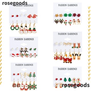 Rosegoods1 ต่างหูสตั๊ด โลหะผสม จี้การ์ตูนต้นคริสต์มาส สไตล์พังก์โกธิค 6 คู่