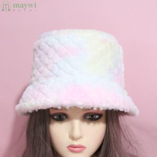 Maywi หมวกบักเก็ต ขนเทียมนิ่ม หนา อบอุ่น กันแดด สีมัดย้อม แฟชั่นฤดูหนาว