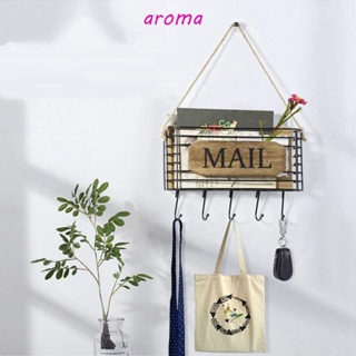 Aroma กล่องเก็บของ เหล็กดัด ชั้นวางไปรษณีย์ ไม้ ชนบท ความจุขนาดใหญ่ สีดํา ติดผนัง พร้อมตะขอ ห้องครัว