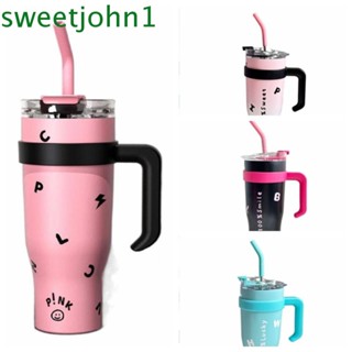 Sweetjohn ขวดน้ําร้อน ขนาดใหญ่ 1200 มล. แบบพกพา พร้อมหลอดดูด สีดํา สีชมพู สําหรับนักเรียน