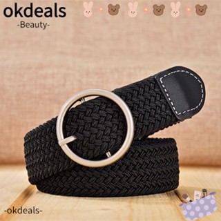 Okdeals เข็มขัดผ้าถัก ยืดหยุ่น คลาสสิก หนัง PU หัวเข็มขัด ผ้าใบ