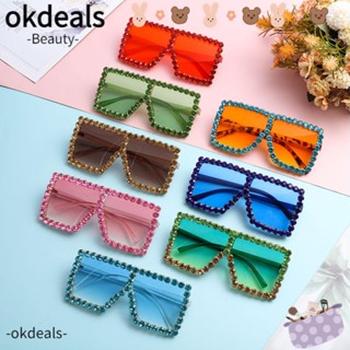 Okdeals แว่นตากันแดด ทรงสี่เหลี่ยม ประดับคริสตัล พลอยเทียม สไตล์เรโทร