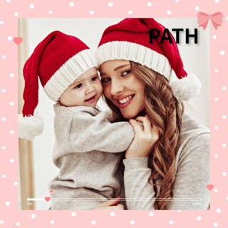 Path หมวกถัก สีแดง ลายคริสต์มาส ประดับปอมปอม หมวกบีนนี่ หมวกซานต้า สําหรับแม่ และลูก