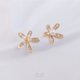 ต่างหูเข็มเงิน 925 ประดับเพทาย ลายดอกไม้ห้ากลีบ ทอง 14K แฮนด์เมด diy