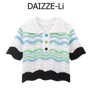 Daizze เสื้อยืดกันหนาว ผ้าถักโครเชต์ ลายทางคลื่น สีสันสดใส แฟชั่นฤดูร้อน สําหรับผู้หญิง YCQL