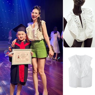 Zara 23 เสื้อแขนกุด คอวี ปักลาย ฉลุลาย หวานแหวว แฟชั่นฤดูร้อน7484090 7484/090