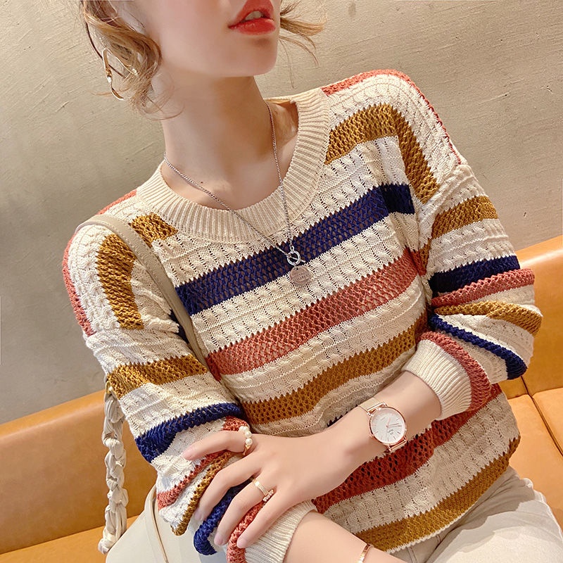 เสื้อกันหนาว ผ้าถัก แบบบาง ทรงหลวม ลายทาง สีสันสดใส สําหรับผู้หญิง