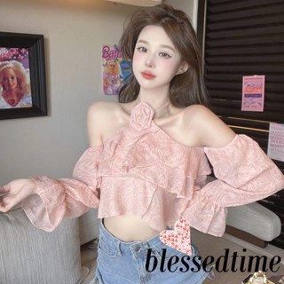 Blessedtime- เสื้อครอปท็อป เปิดไหล่ ลายดอกไม้ 3D 90s สไตล์สตรีท สําหรับผู้หญิง