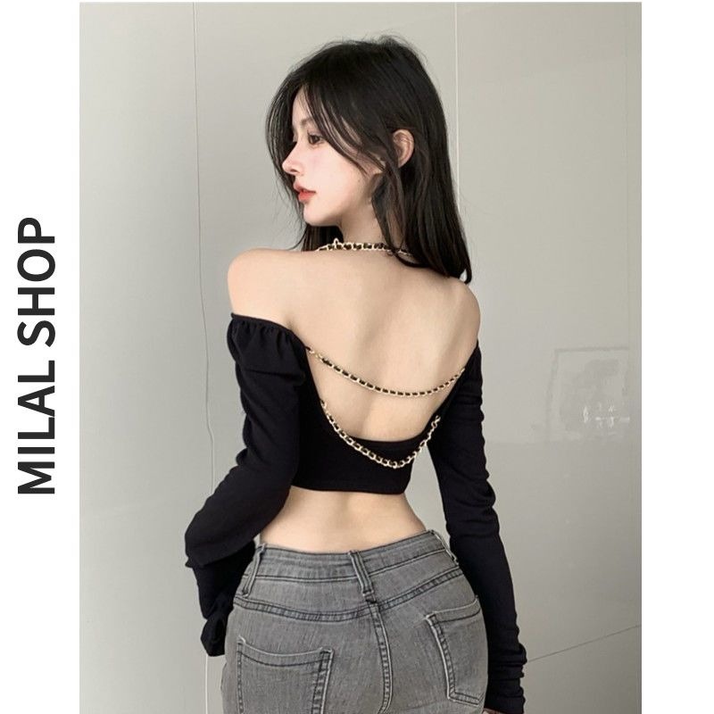 เสื้อเชิ้ตแขนยาว สายคล้องคอ เปิดหลัง เข้ารูป เซ็กซี่ สําหรับผู้หญิง