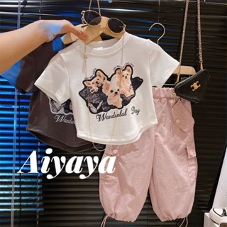 Aiyaya เสื้อผ้าเด็ก ชุดเซ็ทเด็กผู้หญิง แฟชั่นเด็ก รูปแบบลูกสุนัข เสื้อผ้าสั้น+กางเกงสีชมพู ชุด2ชิ้น （781）