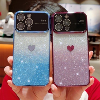 เคสโทรศัพท์แบบนิ่ม กันกระแทก แต่งกลิตเตอร์ ไล่โทนสี ลายหัวใจ สําหรับ iPhone 15 14 Pro Max 14Pro 15Pro