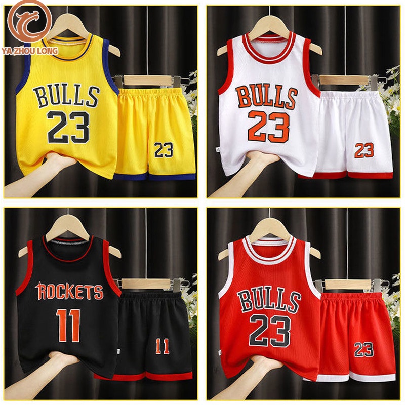 YA ZHOU LONG ชุดบาสเก็ตบอลสำหรับเด็ก เสื้อผ้ากีฬาแบบแห้งเร็วสำหรับเด็กชายและกางเกงขาสั้นแขนกุดสำหรับเด็กโต